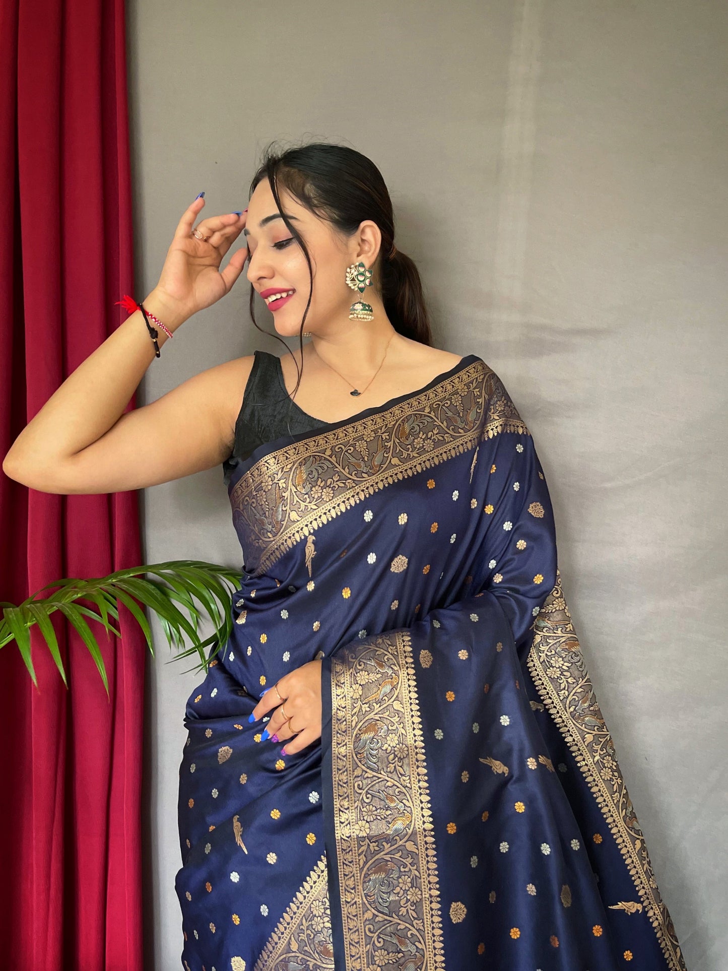 Women's Banarasi Silk Multi Color Zari Woven Saree Navy