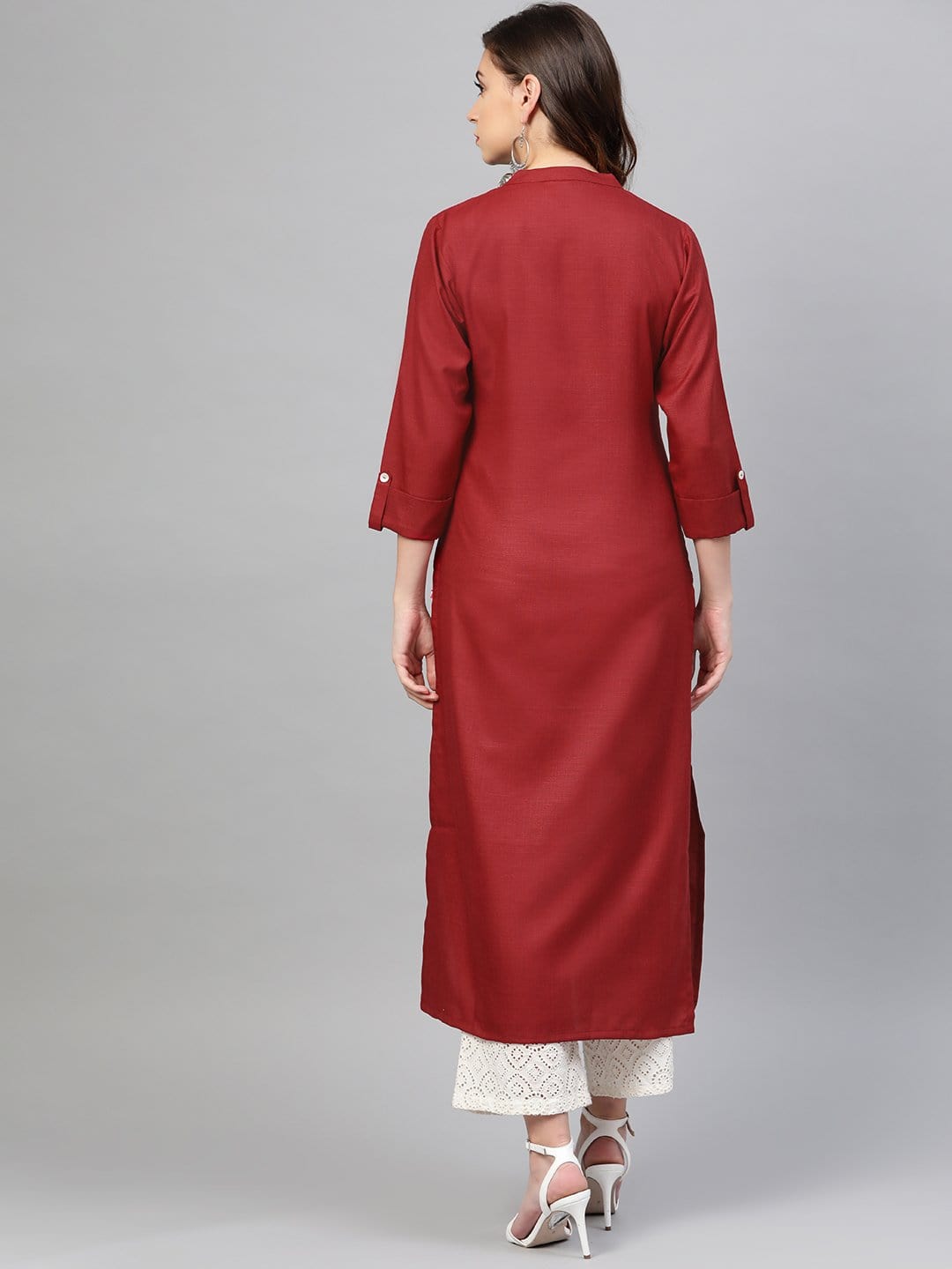 Women's Maroon & Off-White Yoke Design Straight Kurta