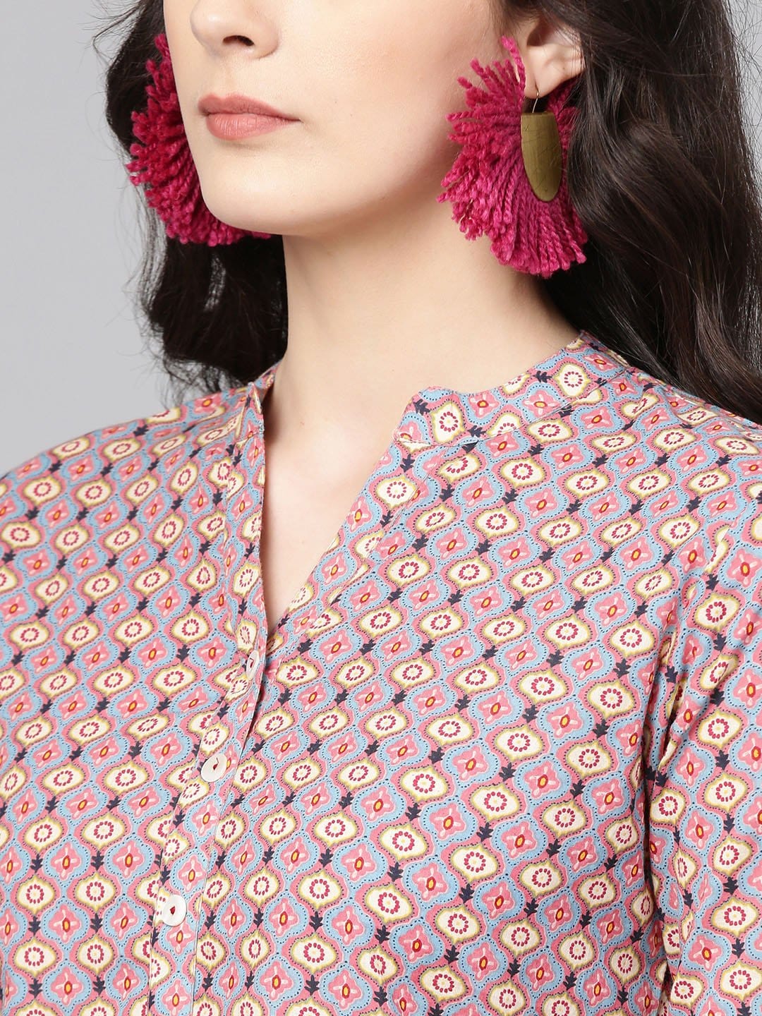 Women's Pink & Blue Printed Straight Kurta