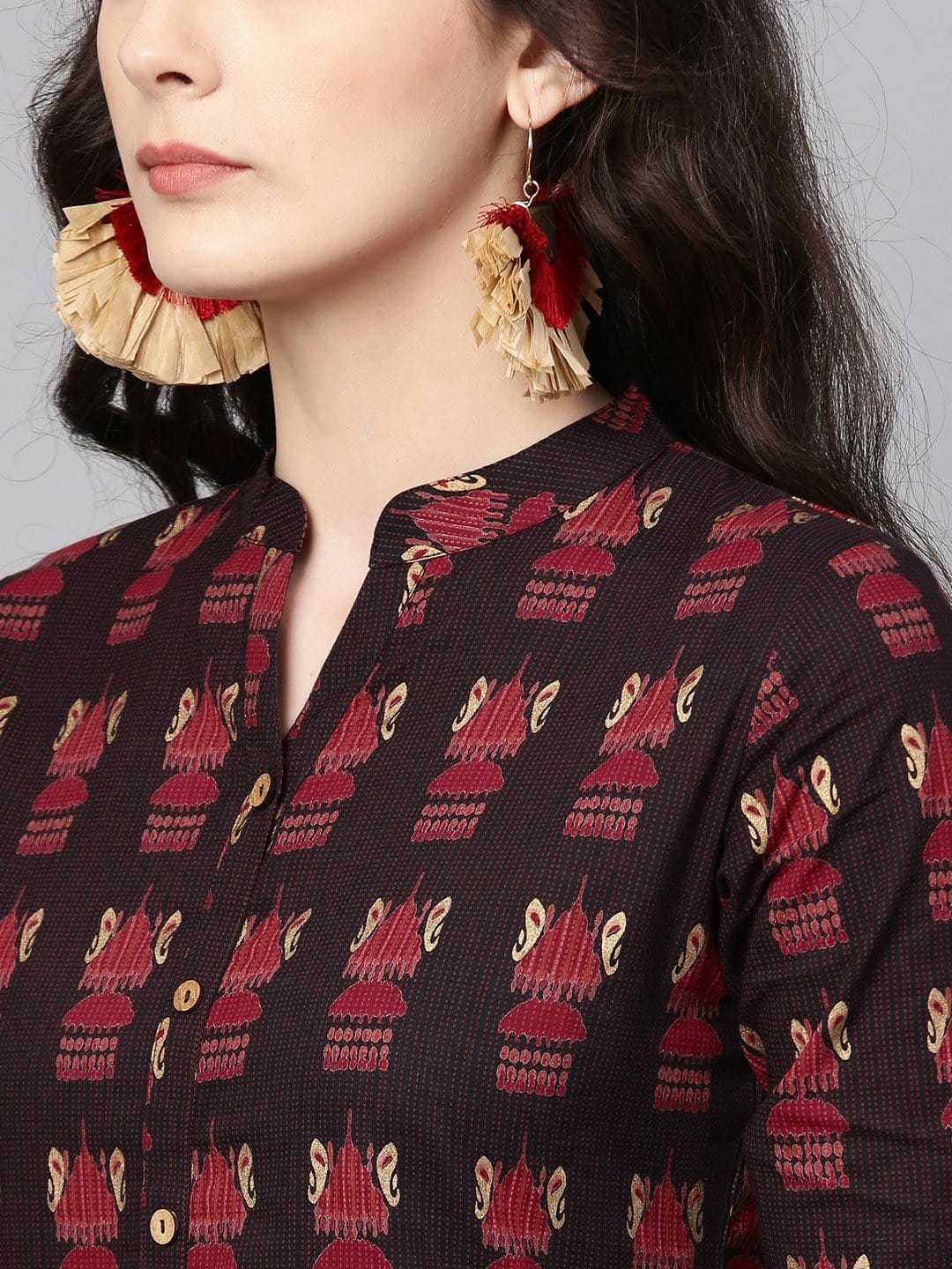 Women's Black & Maroon Printed Straight Kurta