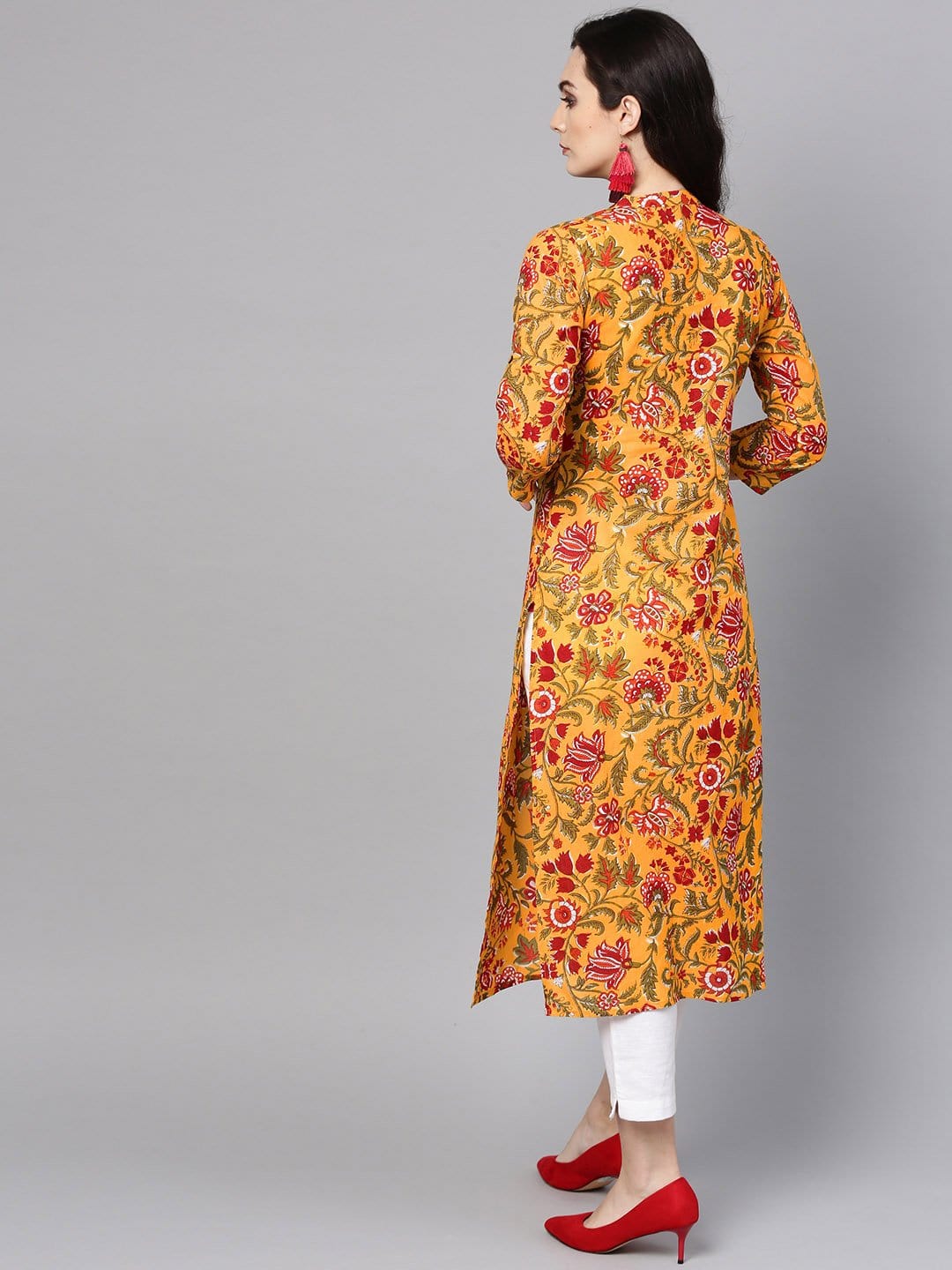 Women's Mustard Yellow & Red Printed Straight Kurta