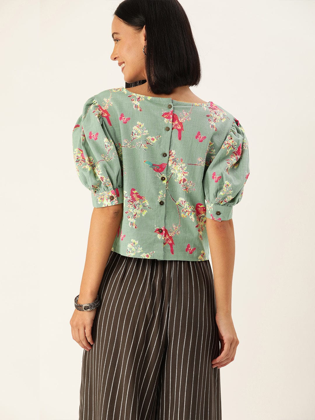 Women's Blue & Pink Floral Printed Puff Sleeved Crop Top