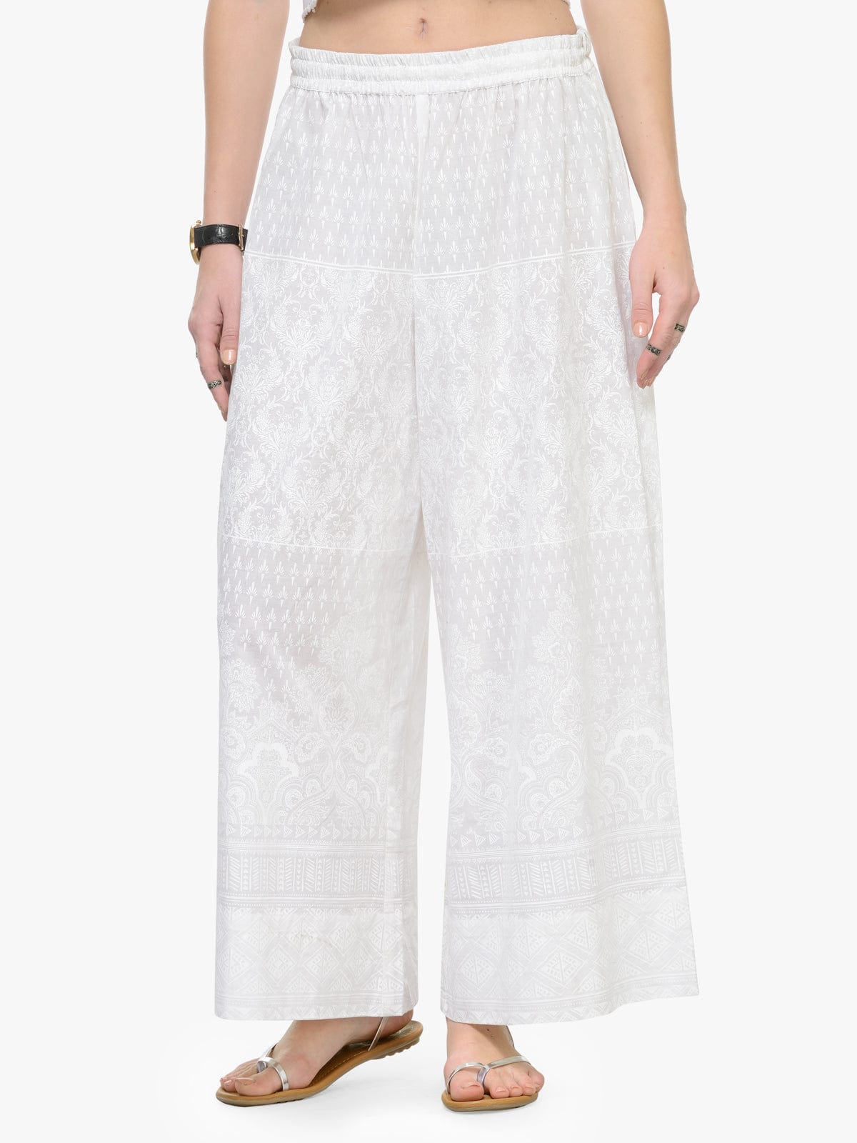 Women's White Straight Printed Palazzos