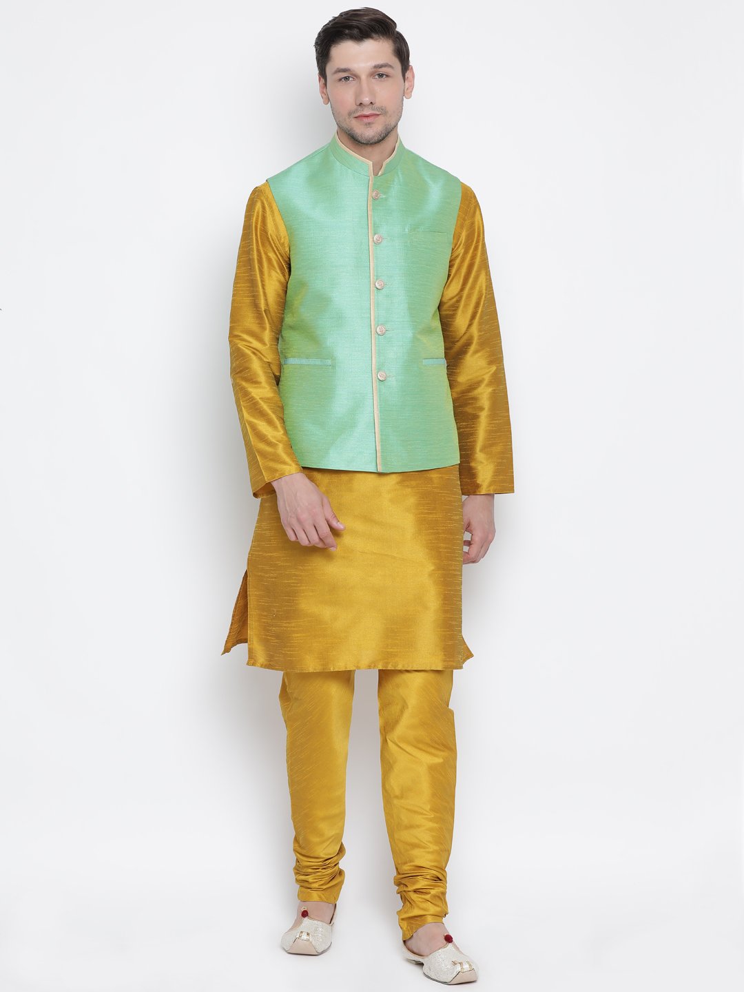 Men's Green Cotton Silk Blend Ethnic Jacket