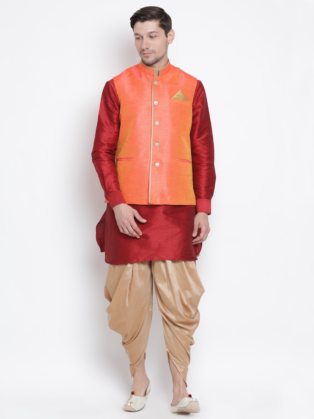 Men's Orange Cotton Silk Blend Ethnic Jacket