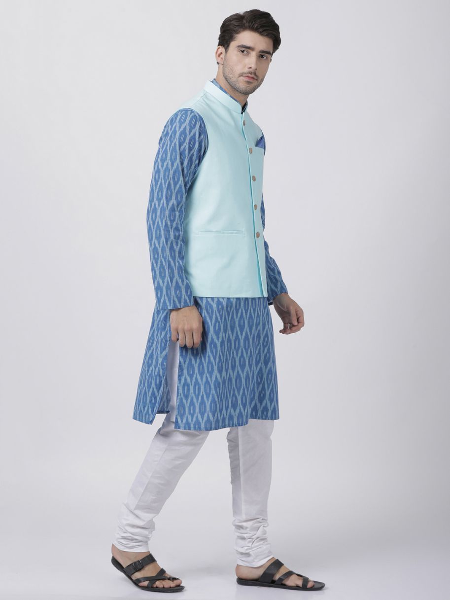 Men's Blue Cotton Blend Ethnic Jacket, Kurta and Dhoti Pant Set