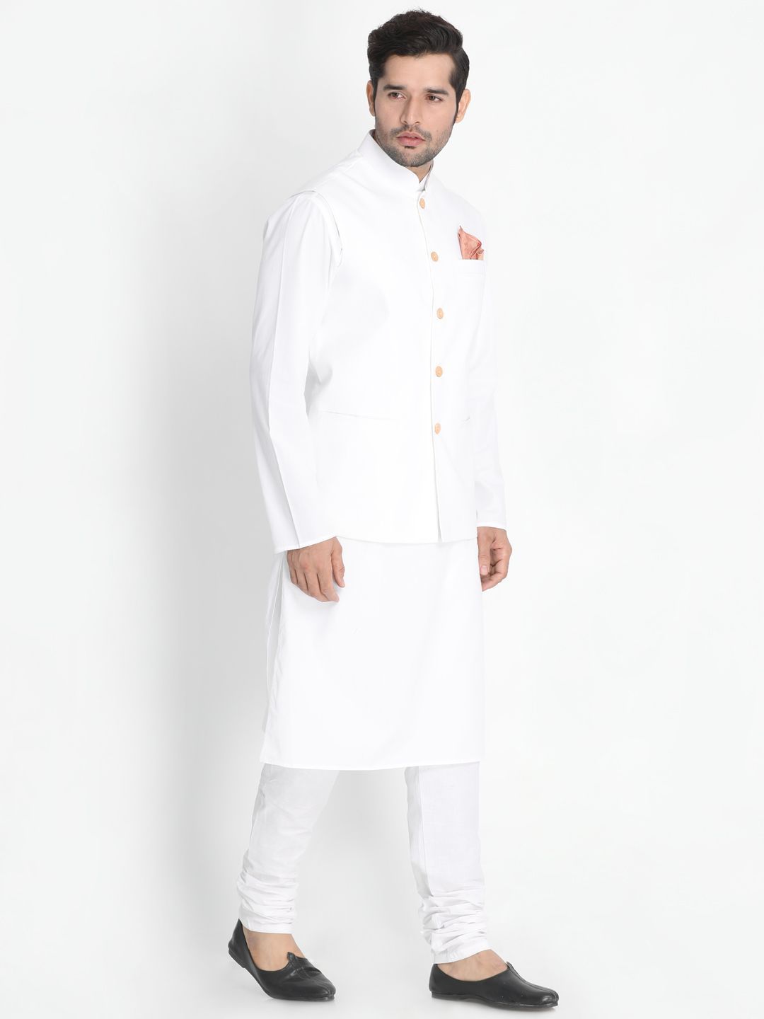 Men's White Cotton Blend Kurta, Ethnic Jacket and Pyjama Set