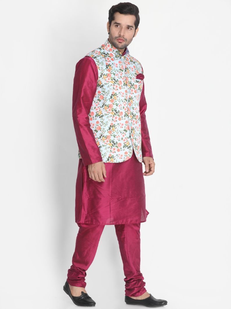 Men's Purple Cotton Blend Kurta, Ethnic Jacket and Pyjama Set