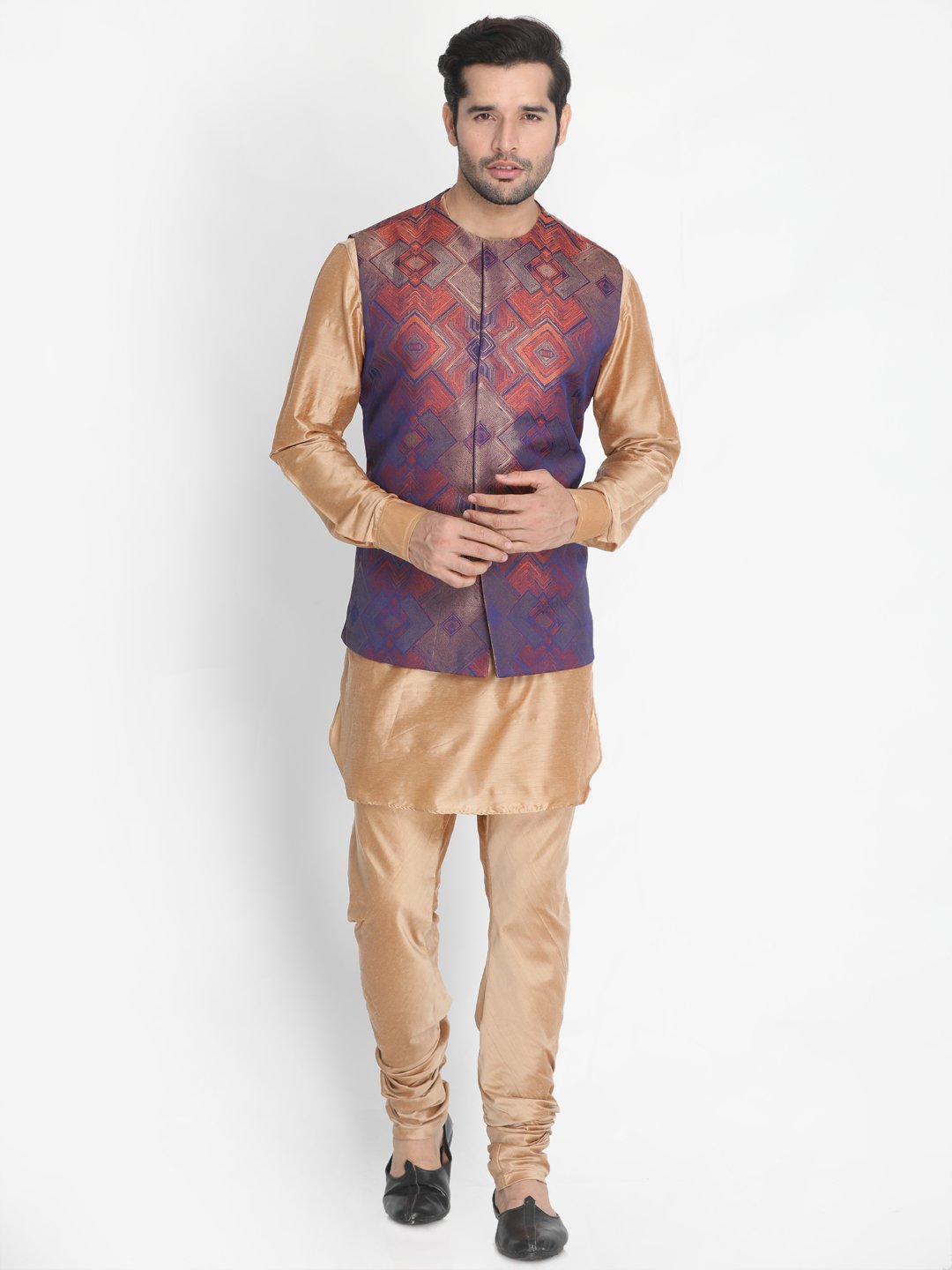 Men's Orange Silk Blend Ethnic Jacket