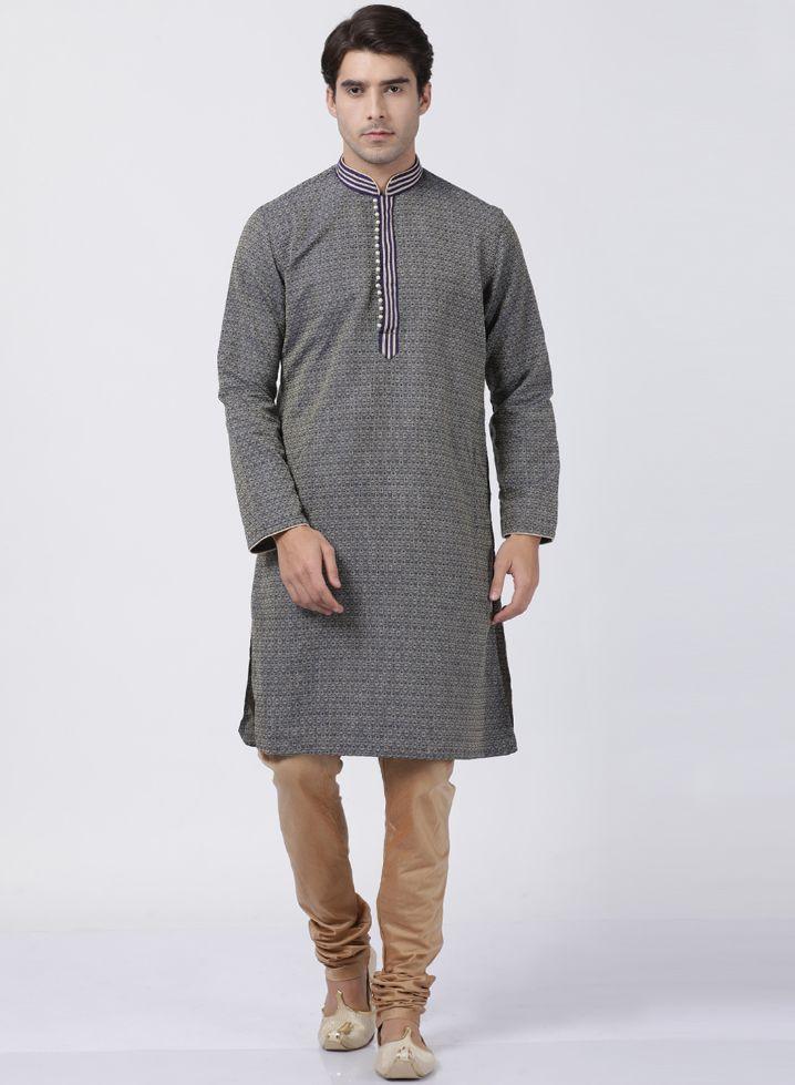 Men's Dark Blue Cotton Silk Blend Kurta
