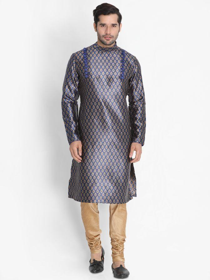 Men's Dark Blue Cotton Silk Blend Kurta
