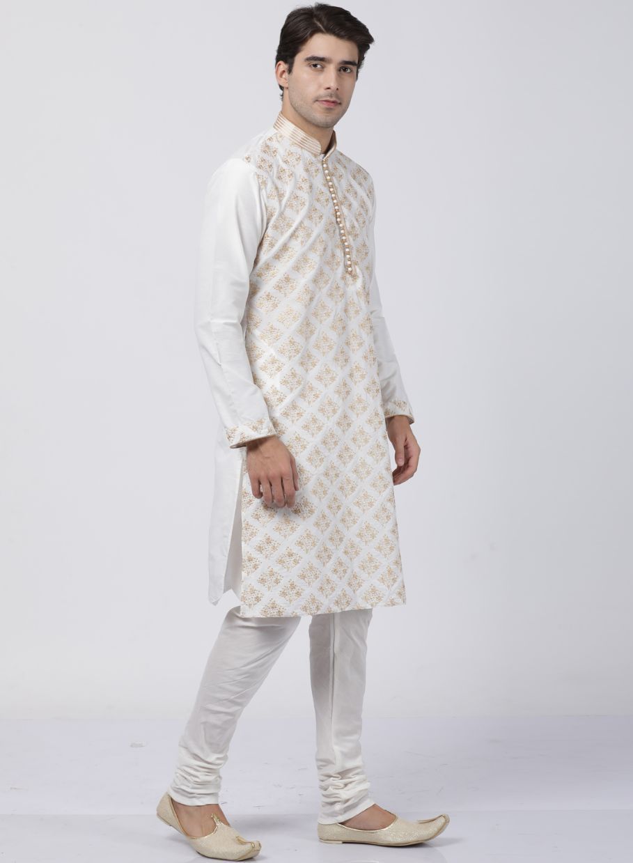 Men's White Cotton Silk Blend Kurta and Pyjama Set