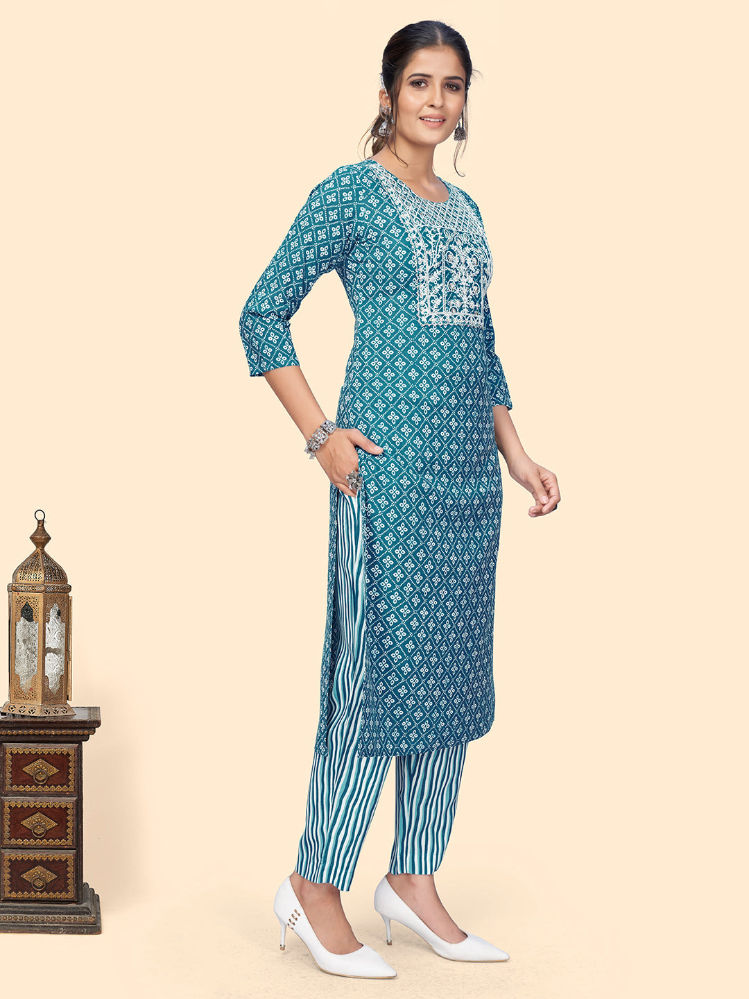 Women's Print & Embroidered Straight Rayon Blue Stitched Kurta Pant With Dupatta