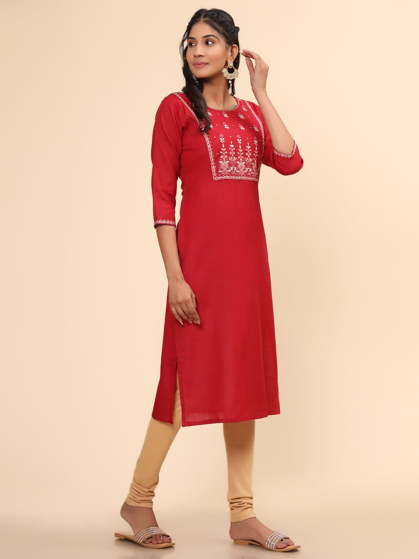 Women's Embroidered Straight Cotton Blend Red Stitched Kurta