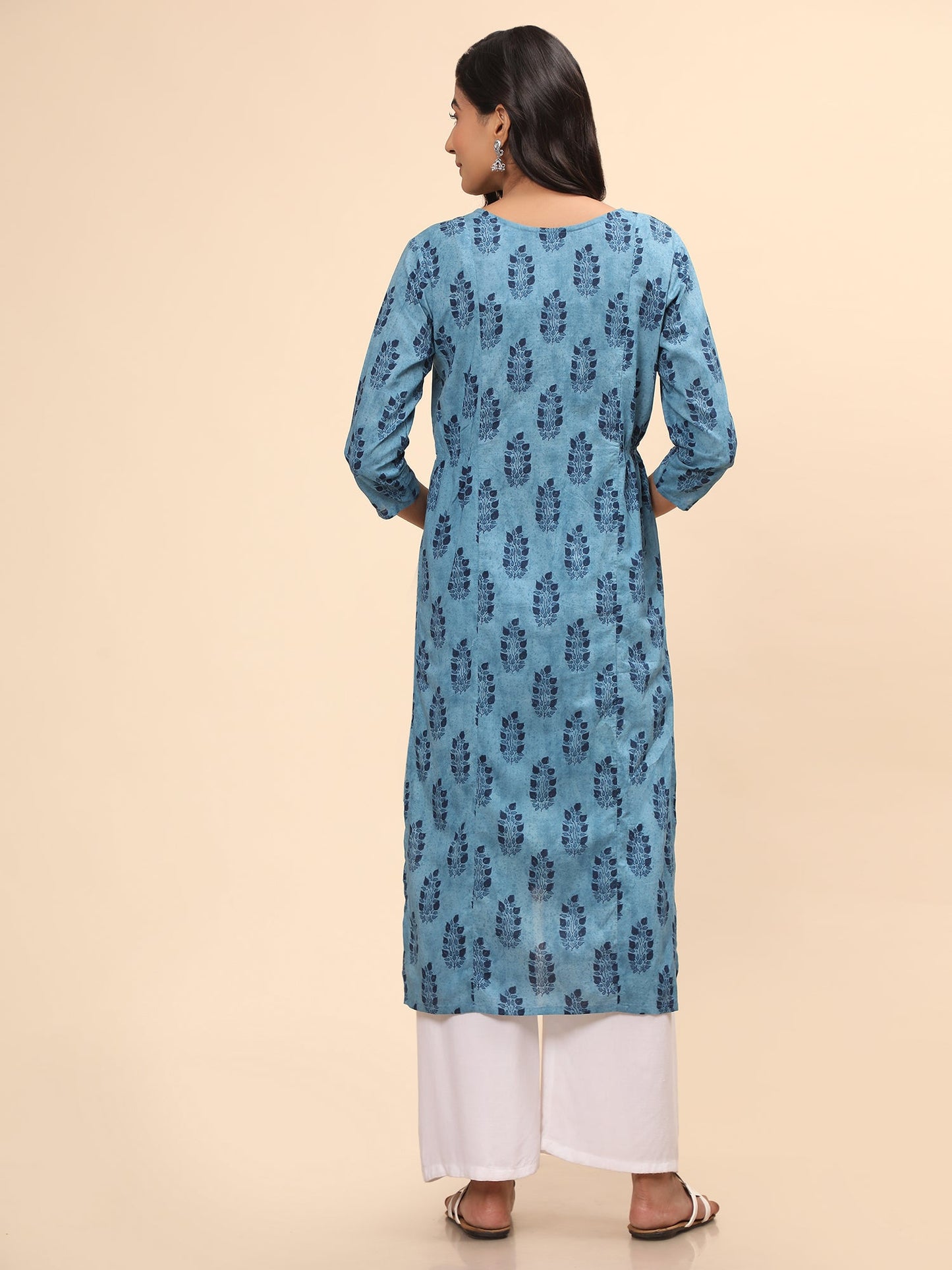 Women's Printed Asymmetric Cotton Blue Stitched Kurta
