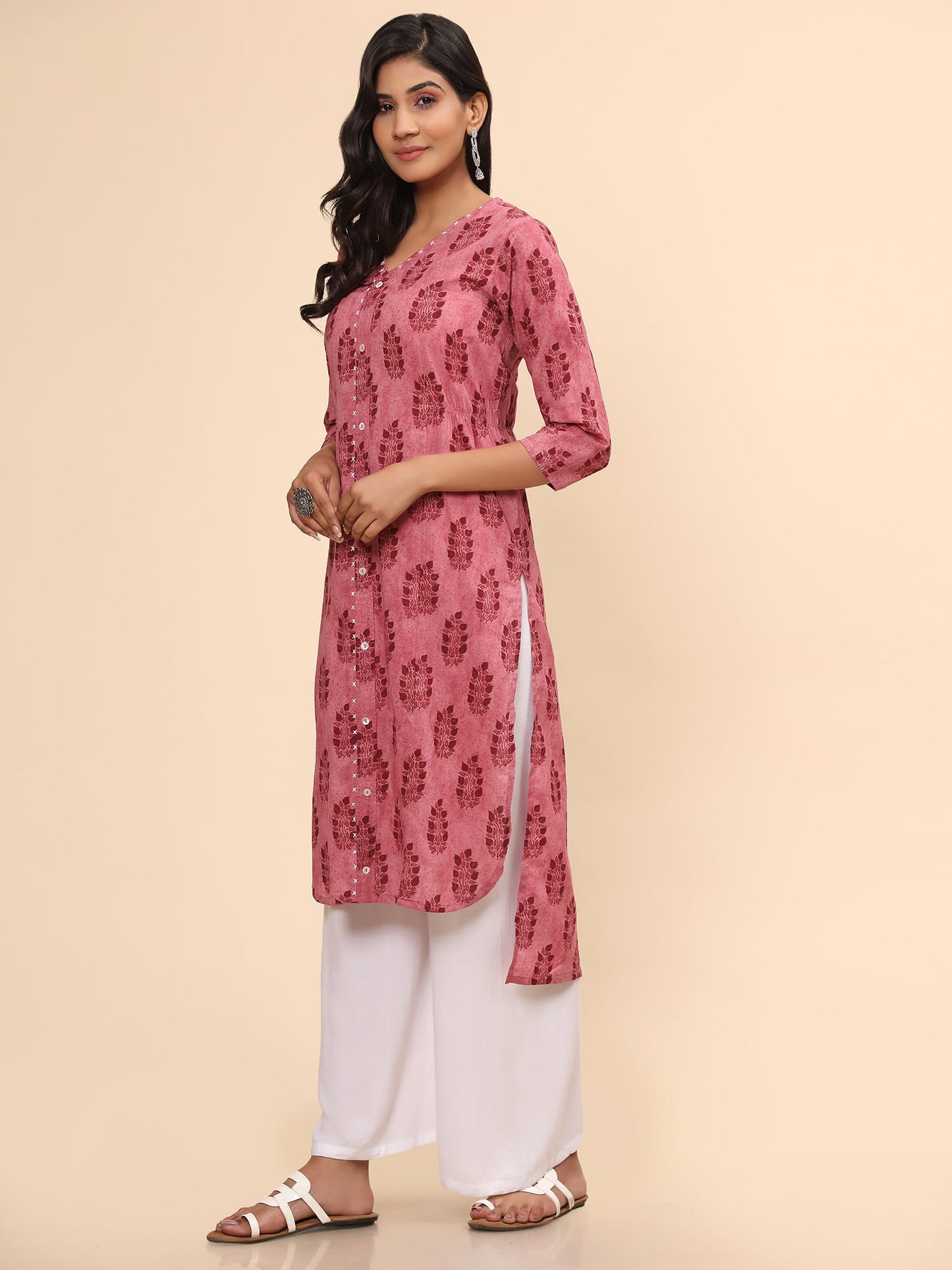 Women's Printed Asymmetric Cotton Pink Stitched Kurta