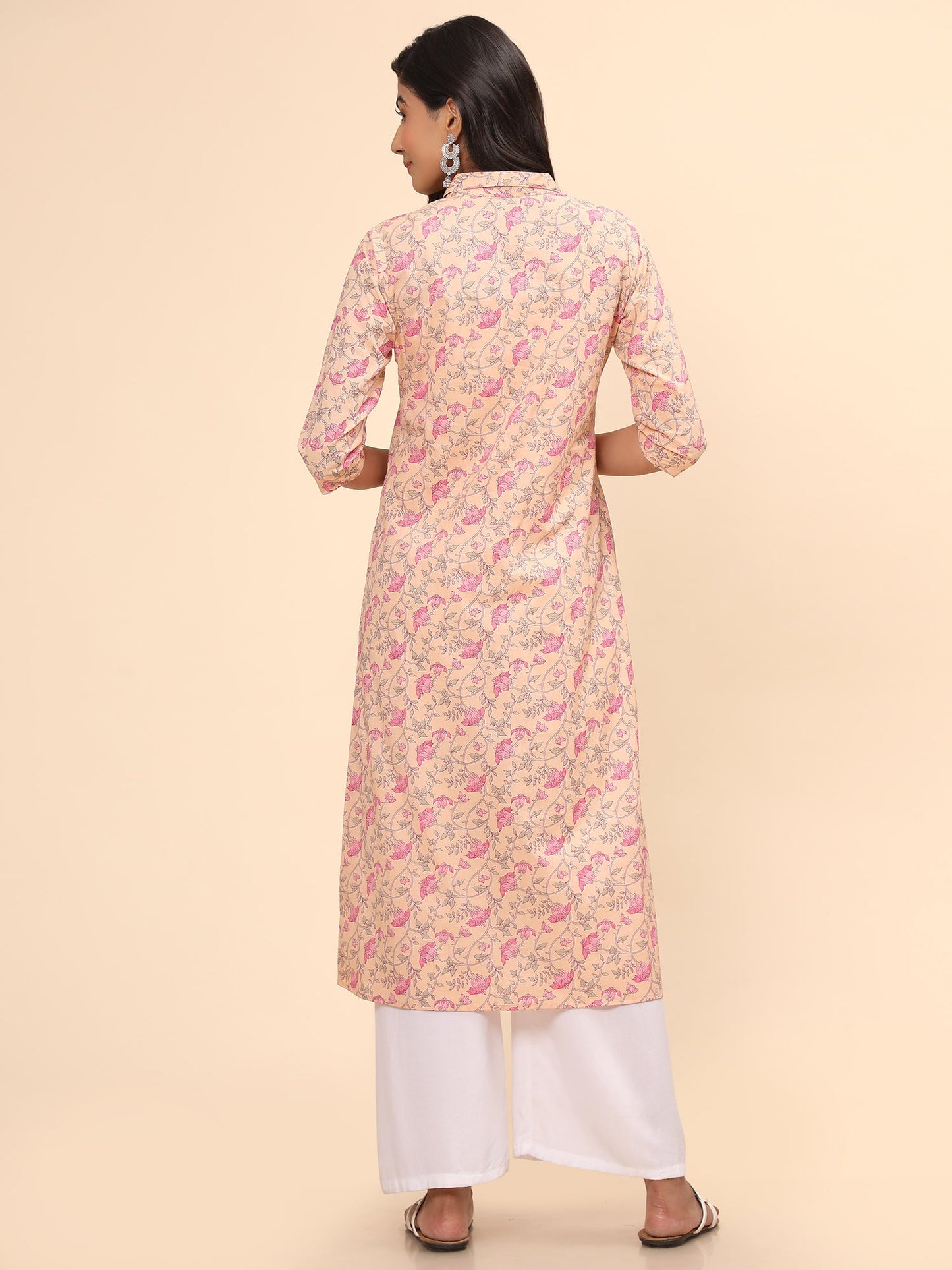 Women's Floral Print A-Line Cotton Peach Stitched Kurta