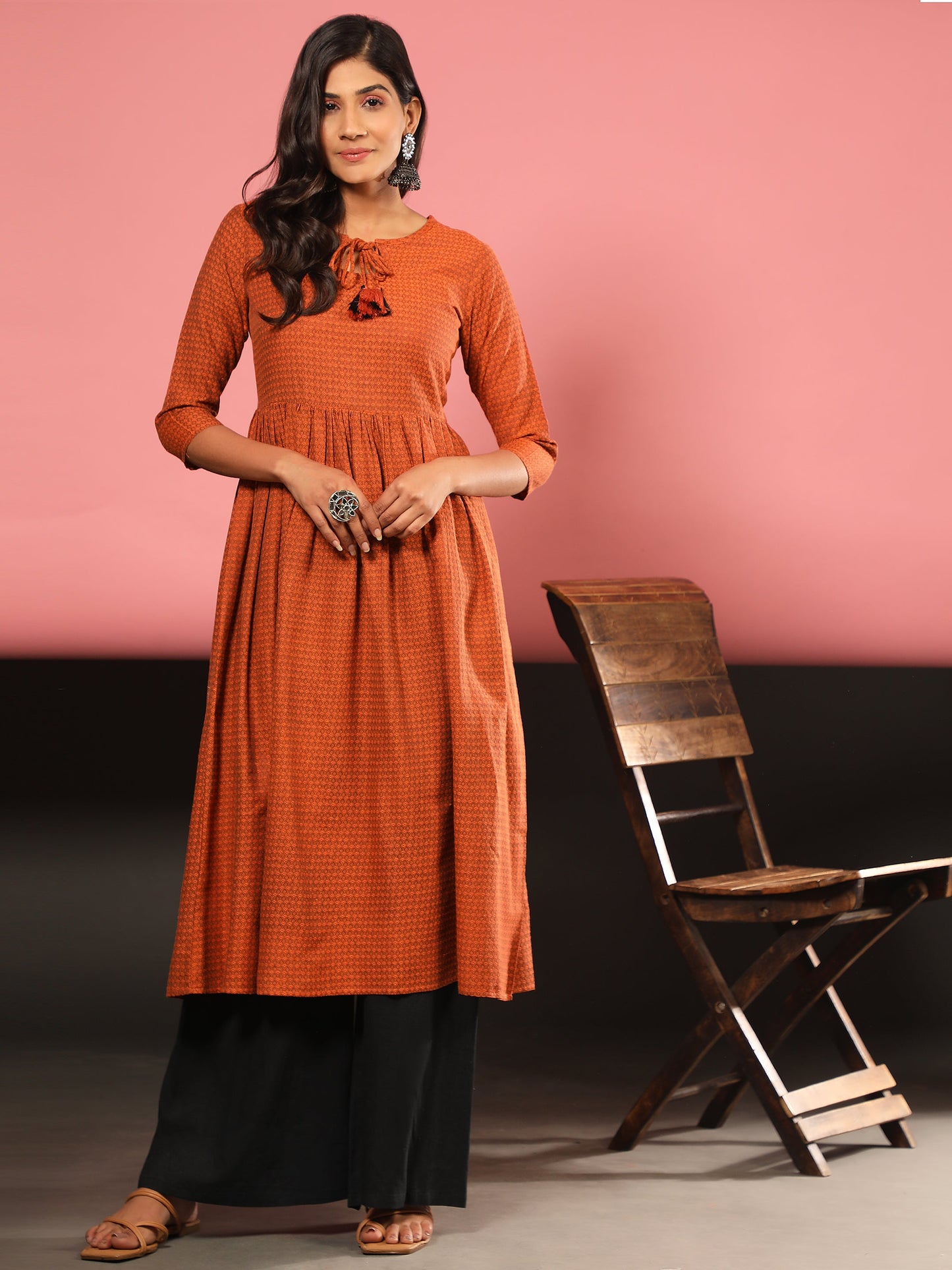 Women's Printed A-Line Yarn Dyed Orange Stitched Kurta