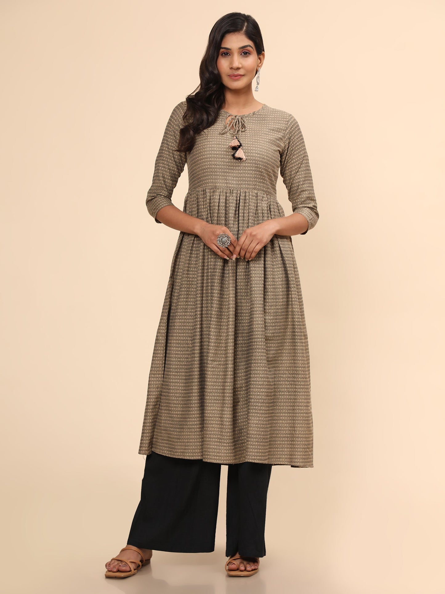 Women's Printed A-Line Yarn Dyed Beige Stitched Kurta