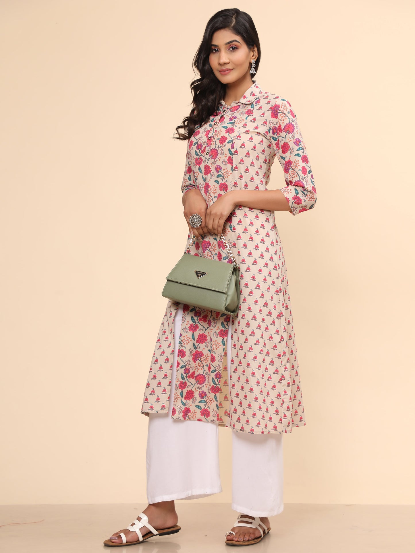Women's Floral Print Straight Cotton Pink Stitched Kurta