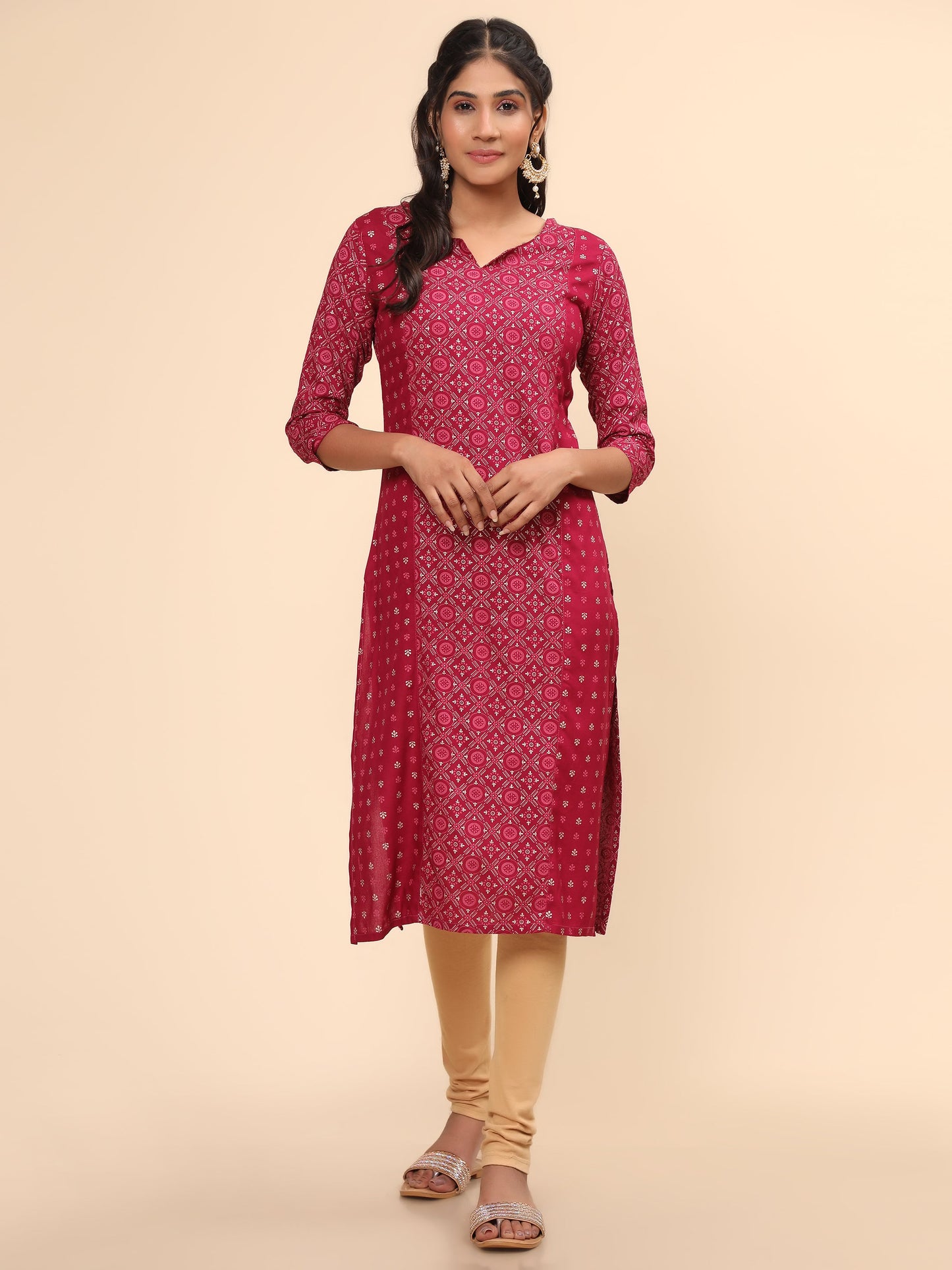 Women's Foil Print Straight Rayon Pink Stitched Kurta