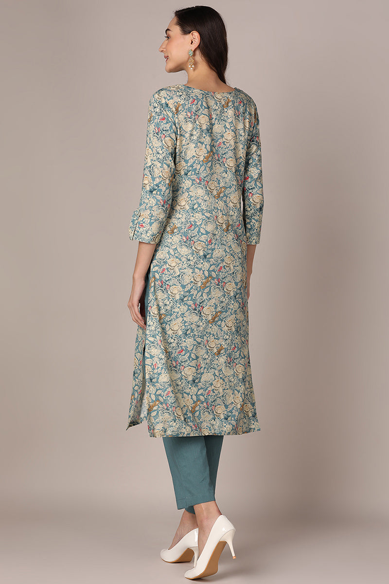 Women's Teal Viscose Rayon Floral Printed Straight Kurta