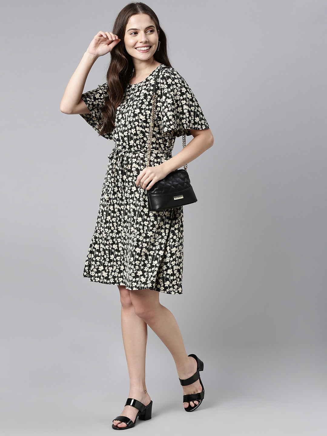 Women's Black Georgette Floral Printed Dress