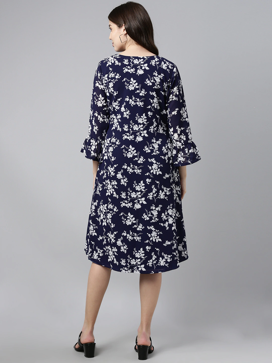 Women's Dark Blue Chiffon Floral Printed Dress