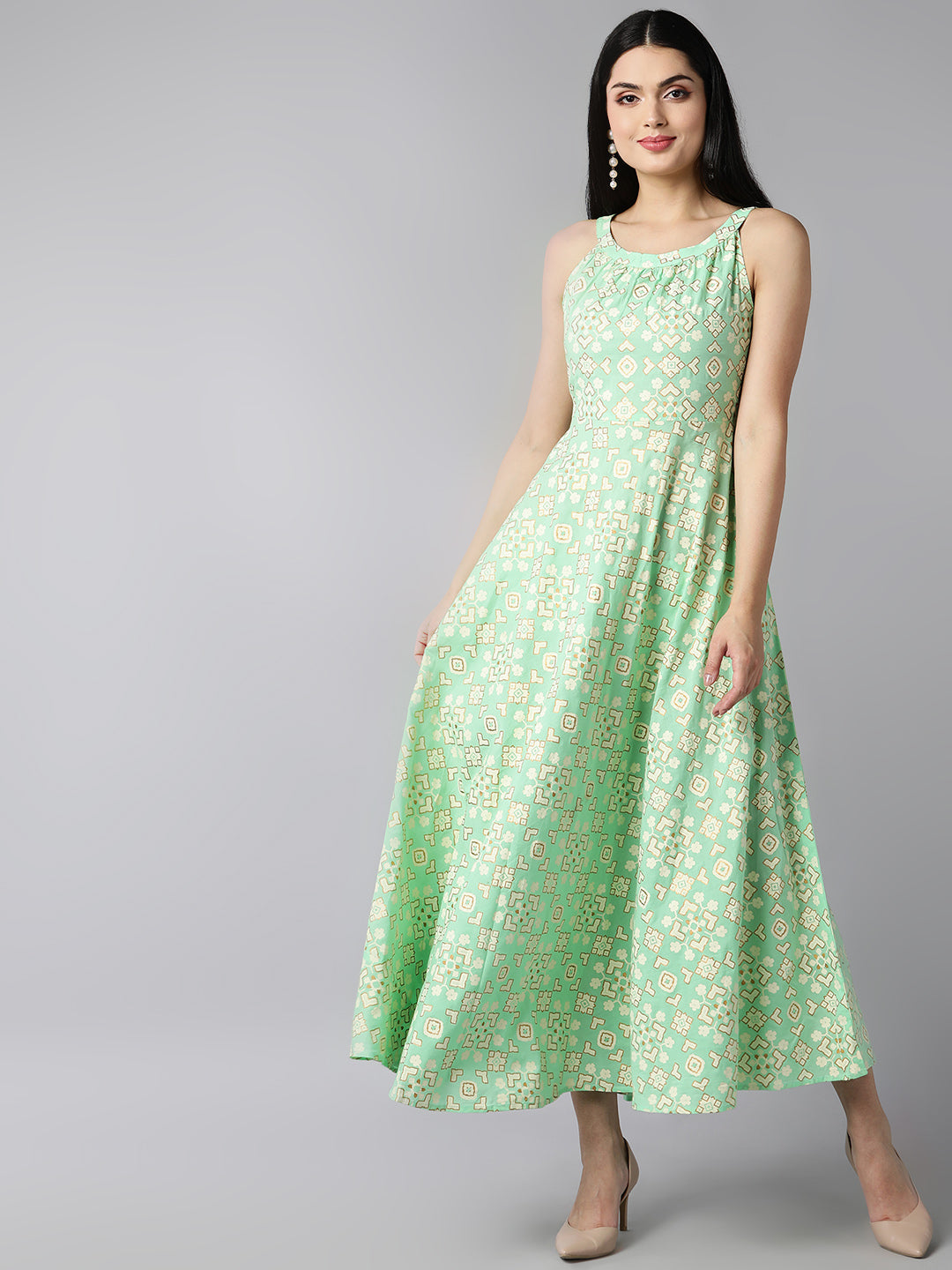 Women's Green Cotton Floral Printed Dress