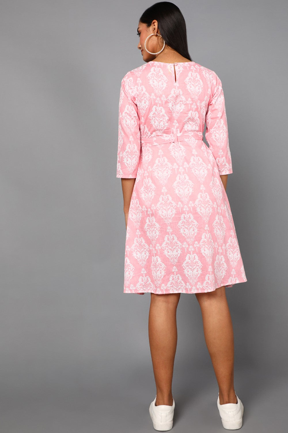 Women's Pink Cotton Ethnic Motifs Printed Dress