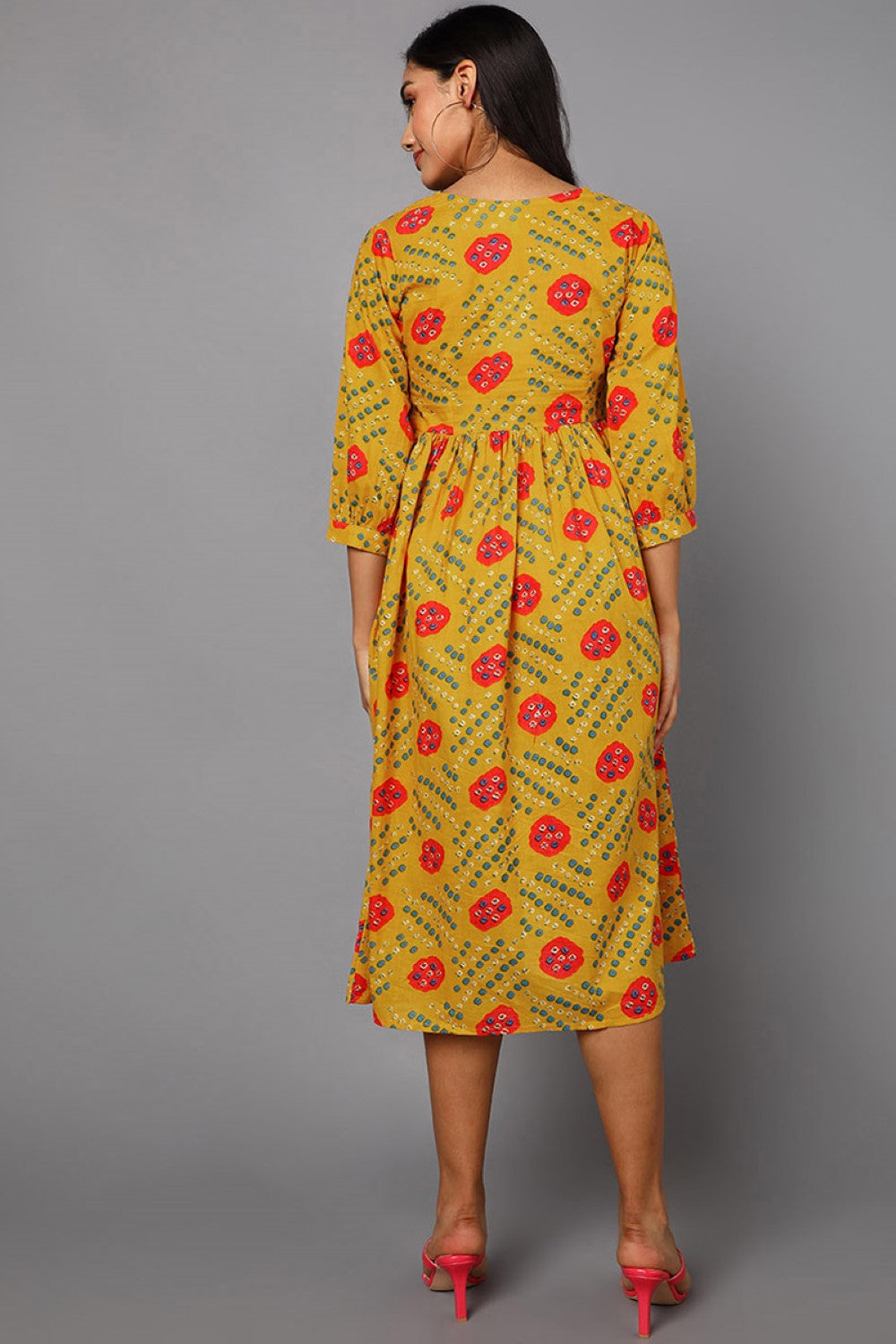 Women's Yellow Cotton Bandhani Printed Dress