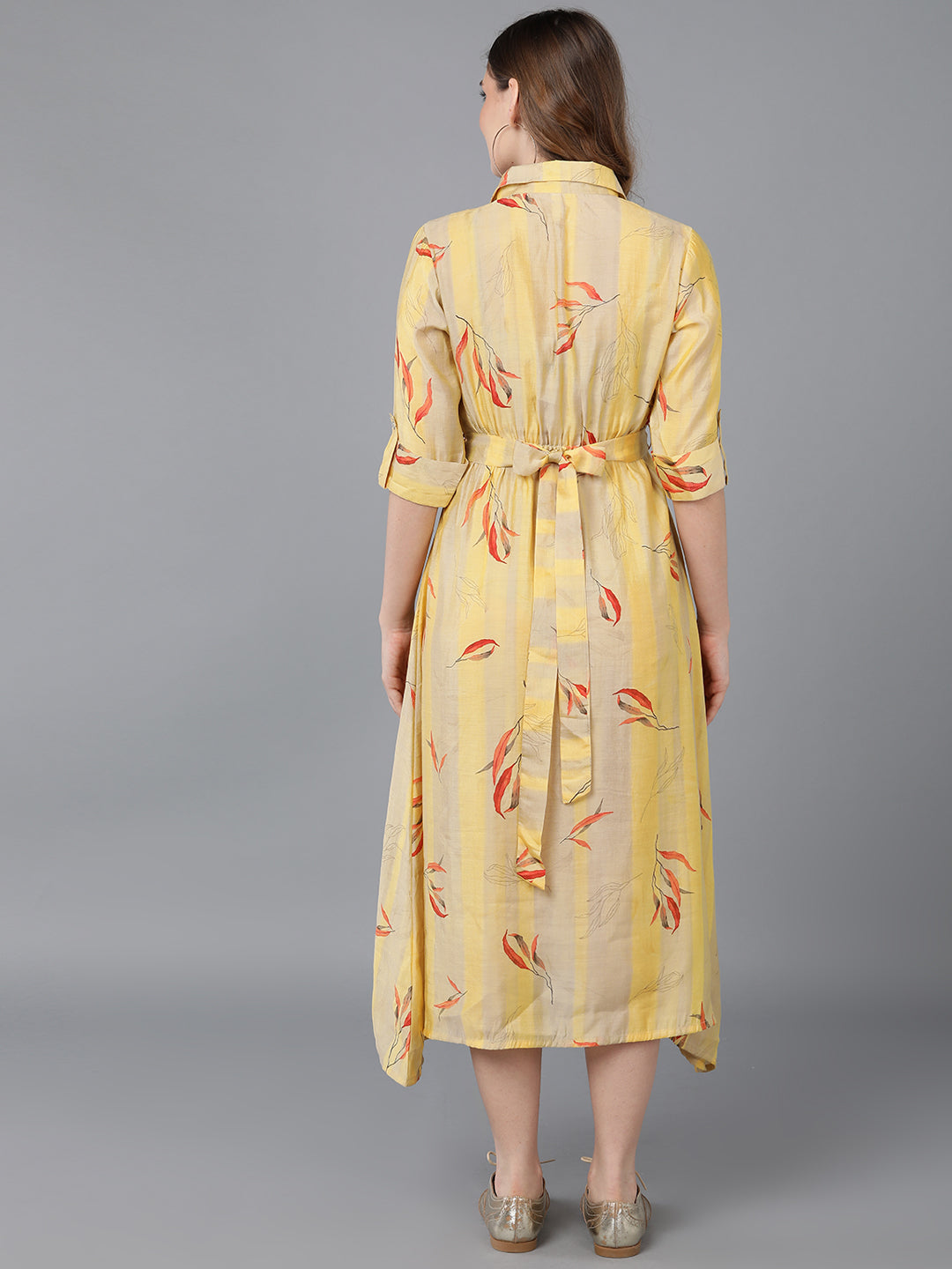 Women's Yellow Crepe Striped Printed Dress