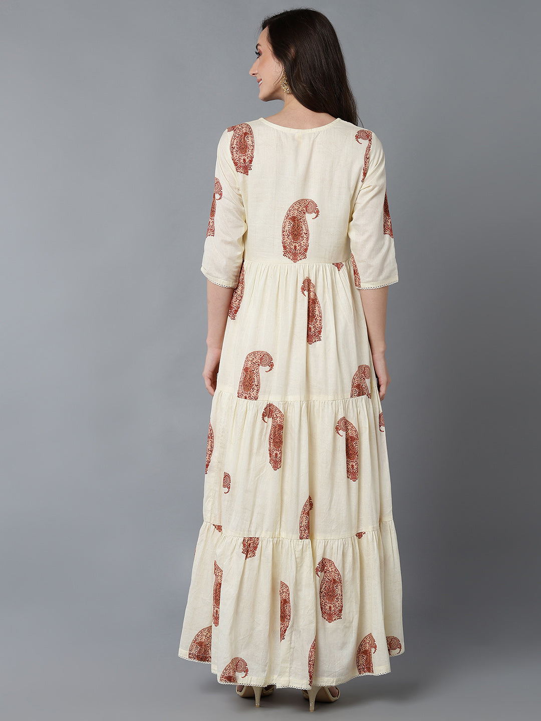 Women's Cream Cotton Ethnic Motifs Printed Dress