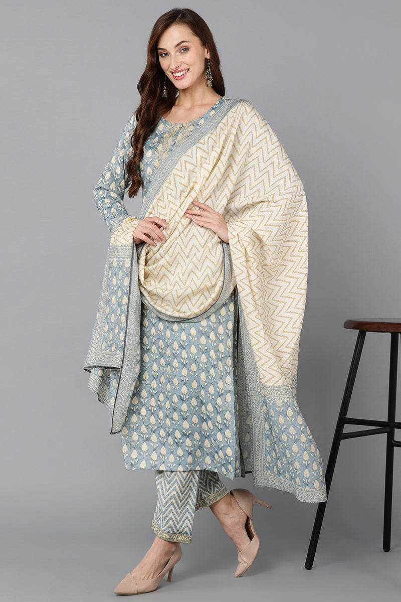 Women's Viscose Rayon Grey Printed Straight Kurta Pant With Dupatta
