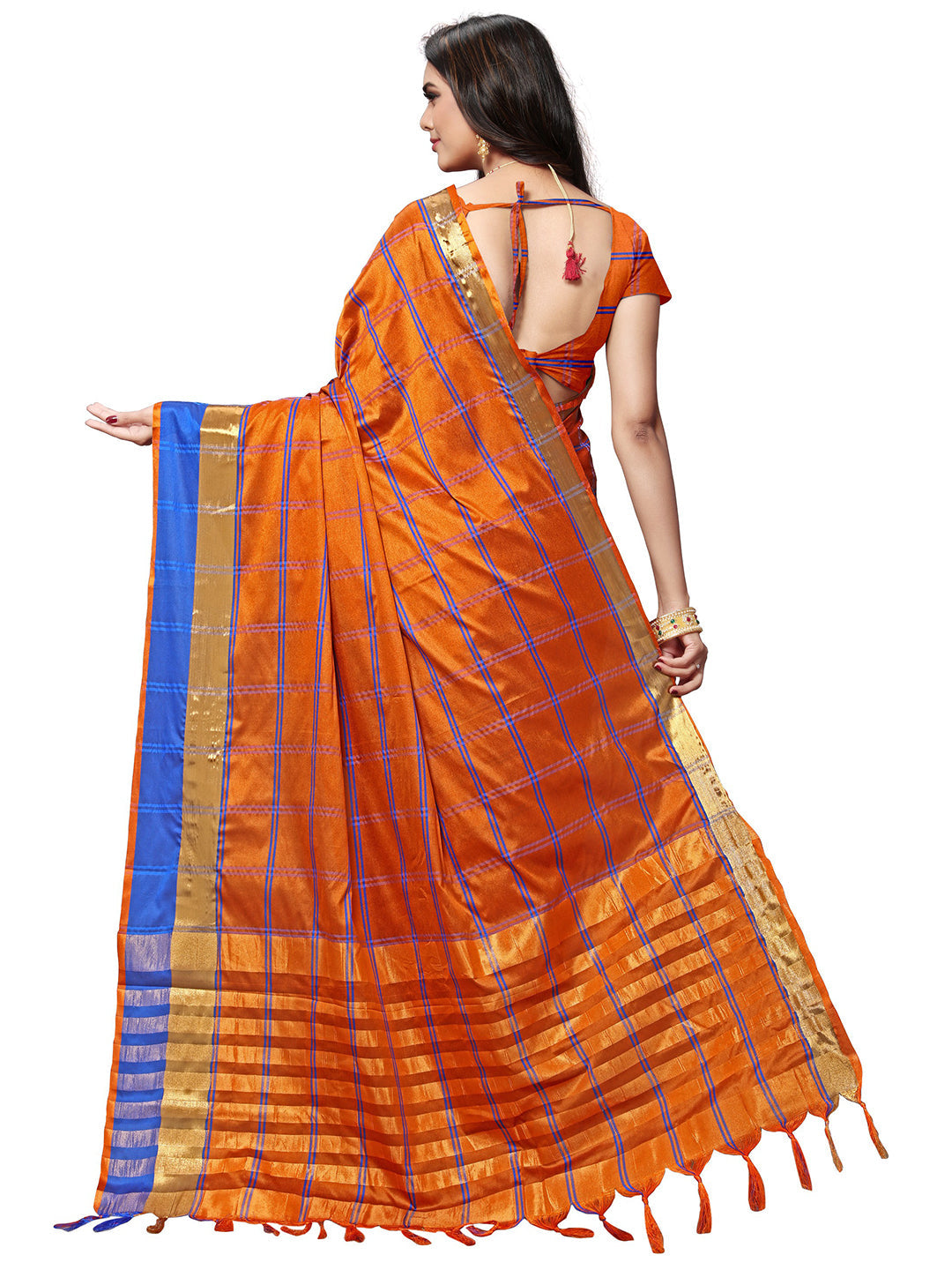 Women's Orange Silk Blend Checkered Saree