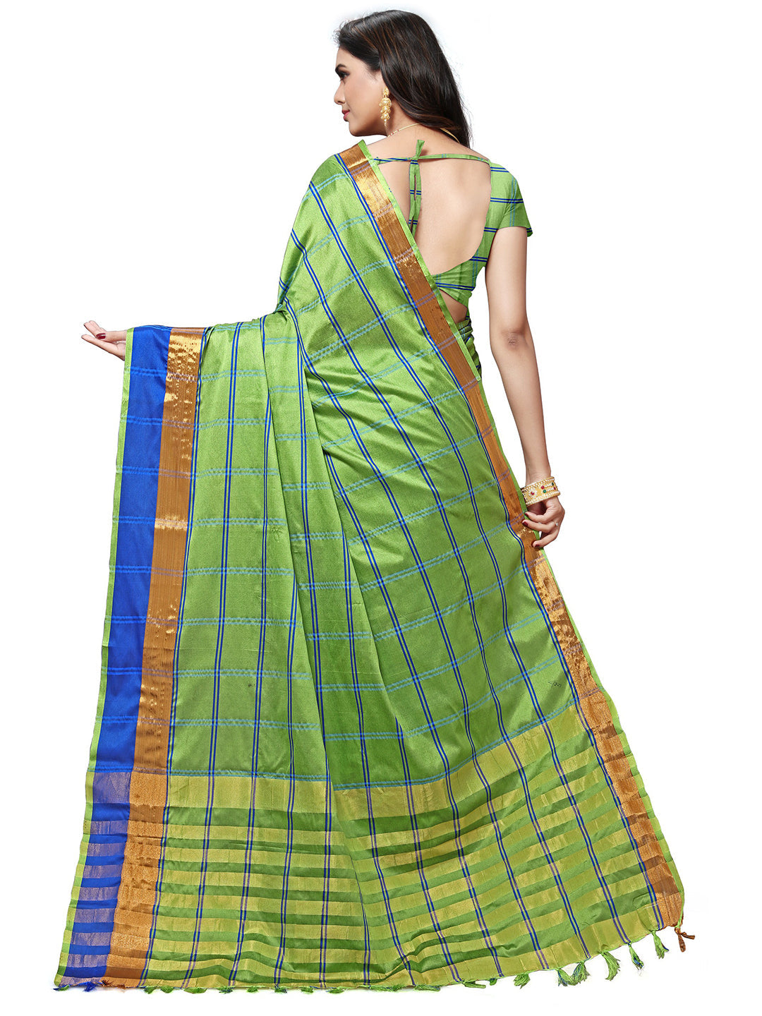 Women's Green Silk Blend Striped Saree