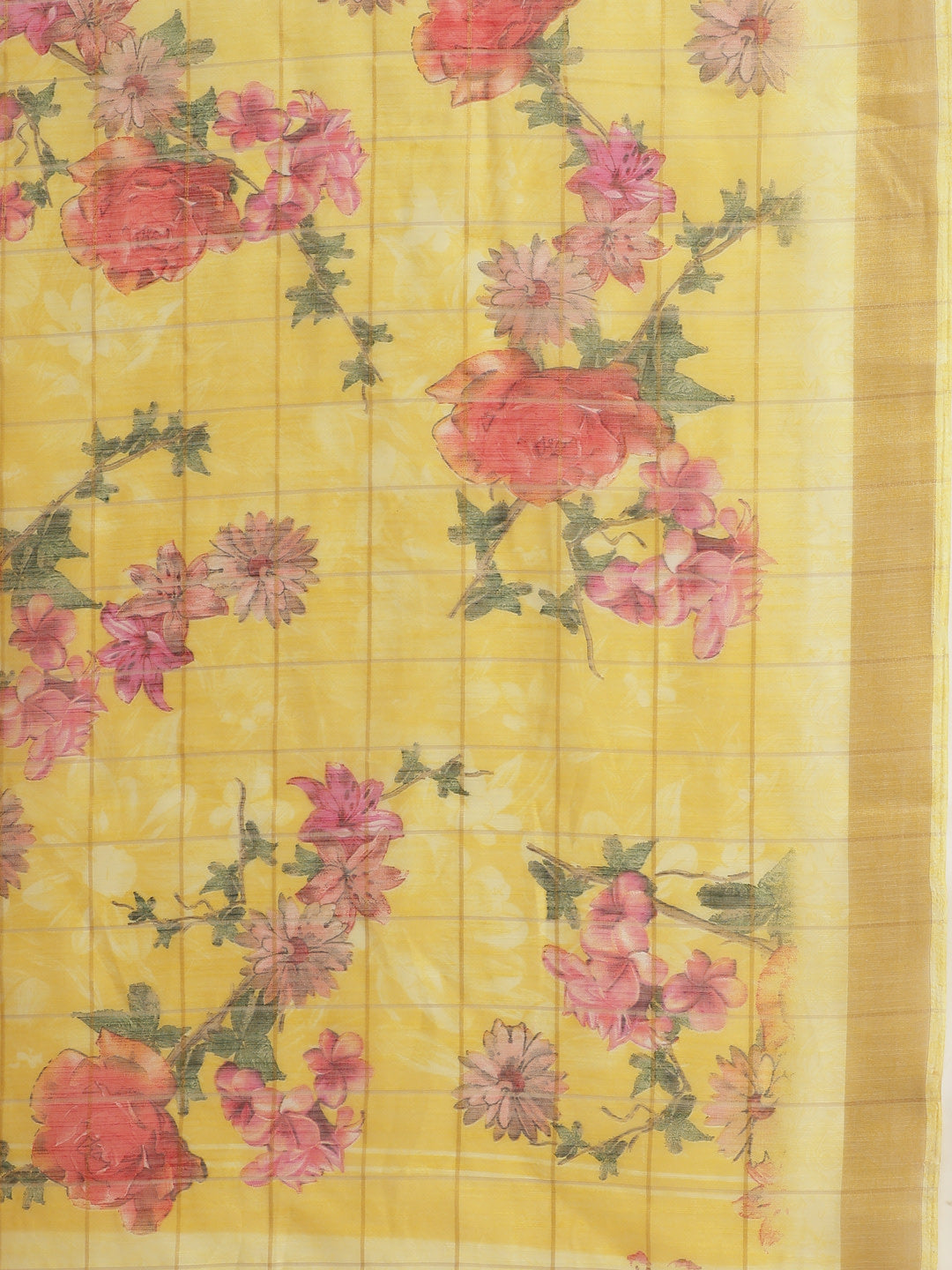 Women's Yellow Cotton Blend Printed Saree