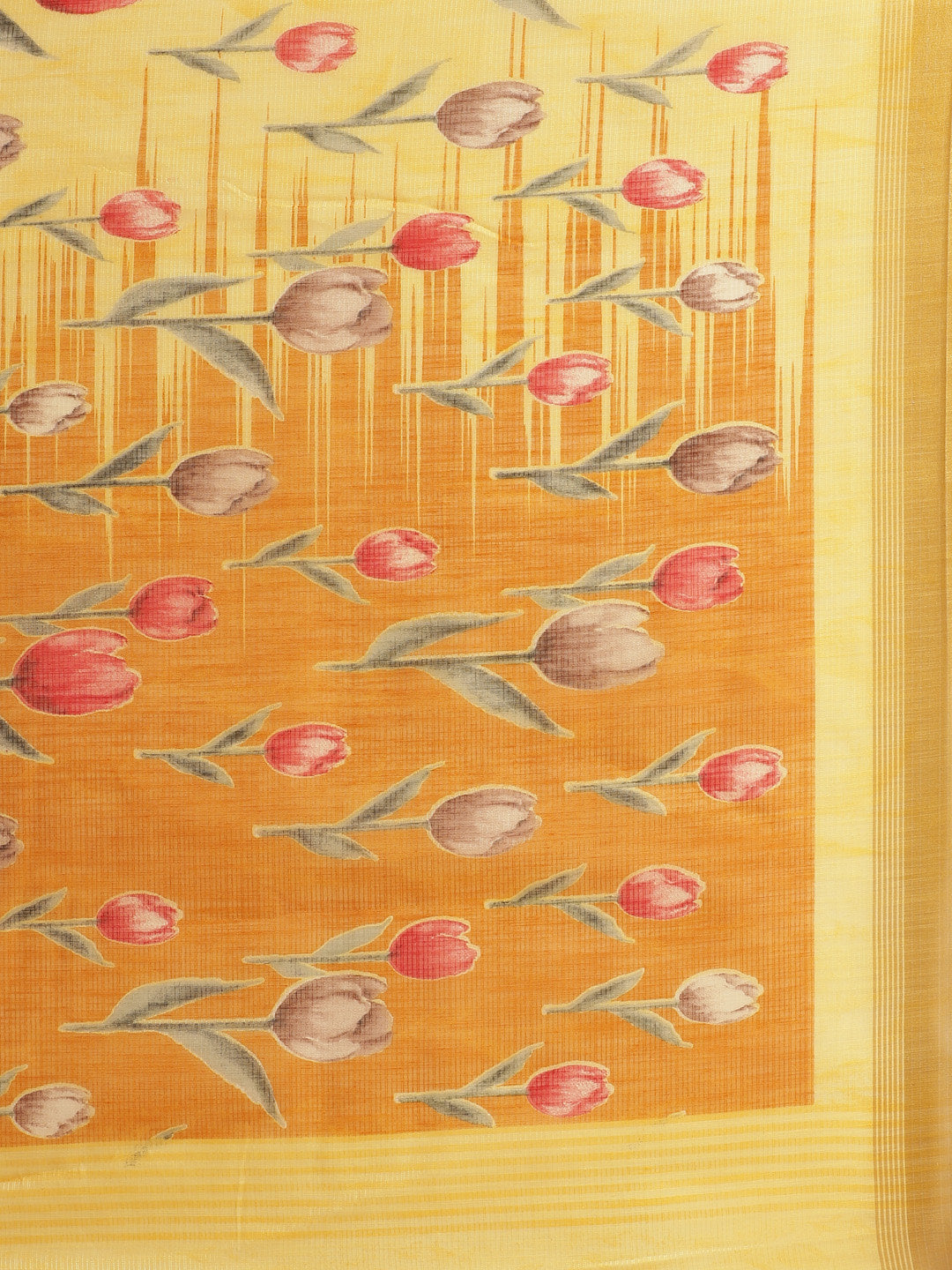 Women's Yellow Cotton Blend Printed Saree