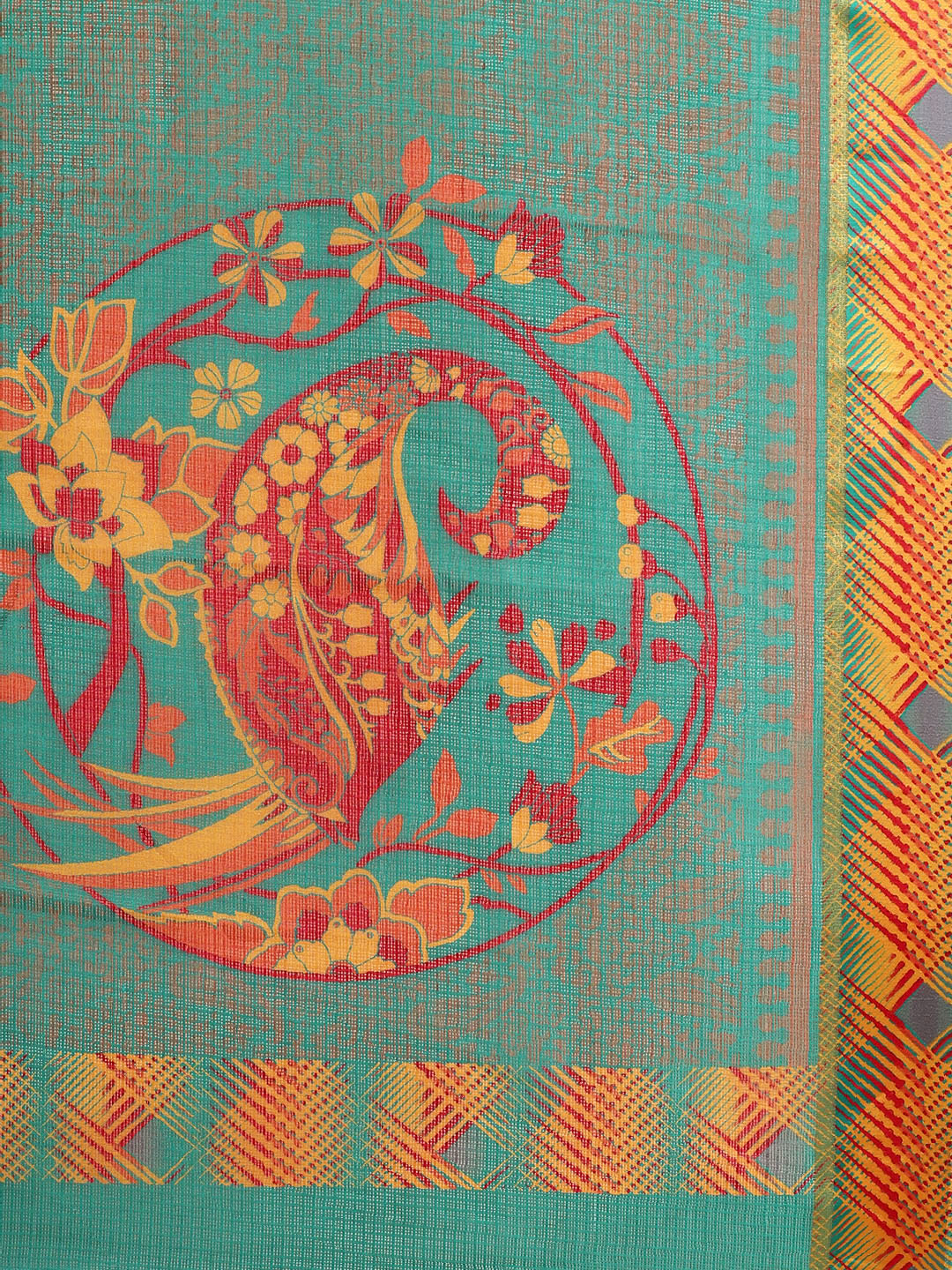Women's Green Cotton Blend Printed Saree