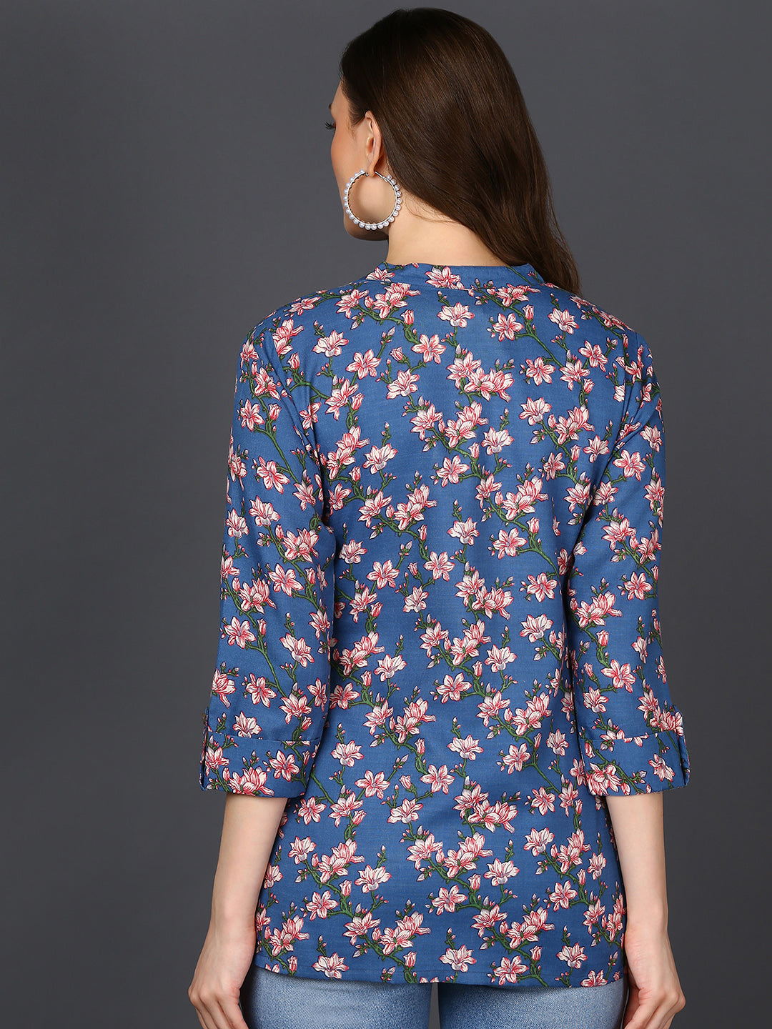 Women's Blue Cotton Blend Floral Printed