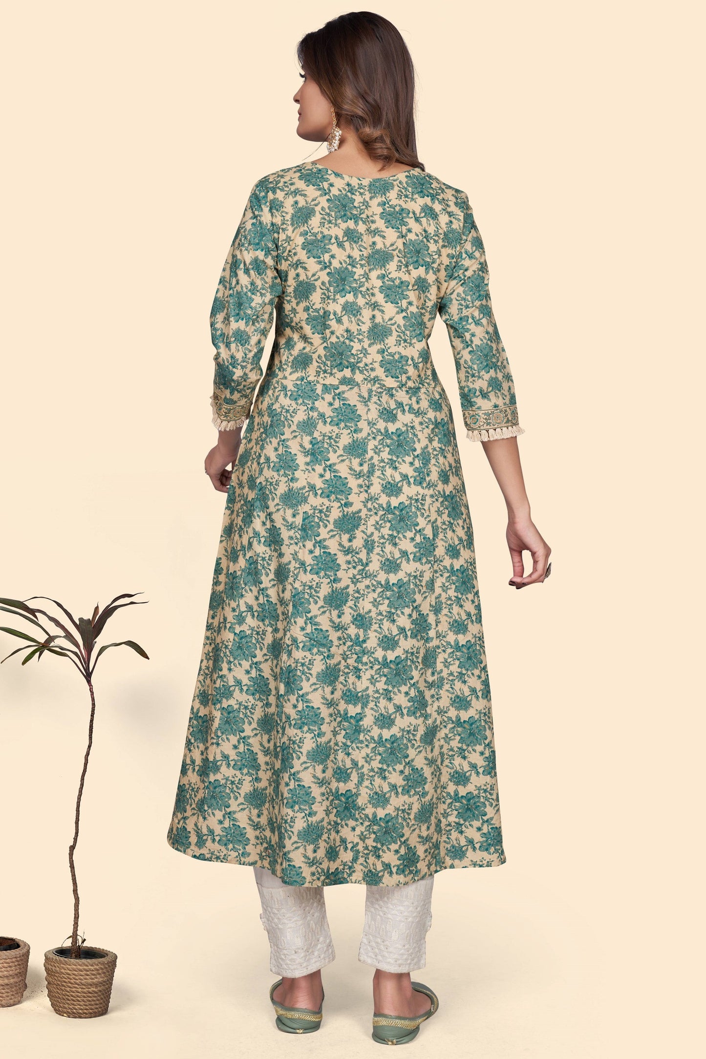 Women's Print & Embroidered A-Line Cotton Turquoise Stitched Kurta