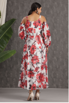 Women's White Chiffon Printed Flared Dress