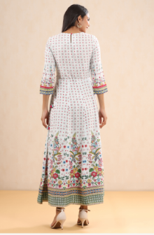 Women's White Rayon Printed Anarkali Dress with Tie-up Dori