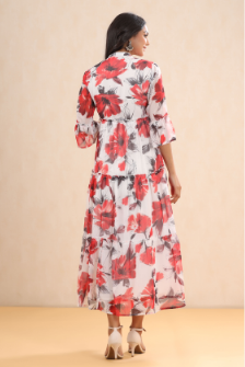 Women's White Chiffon Printed Tiered Dress
