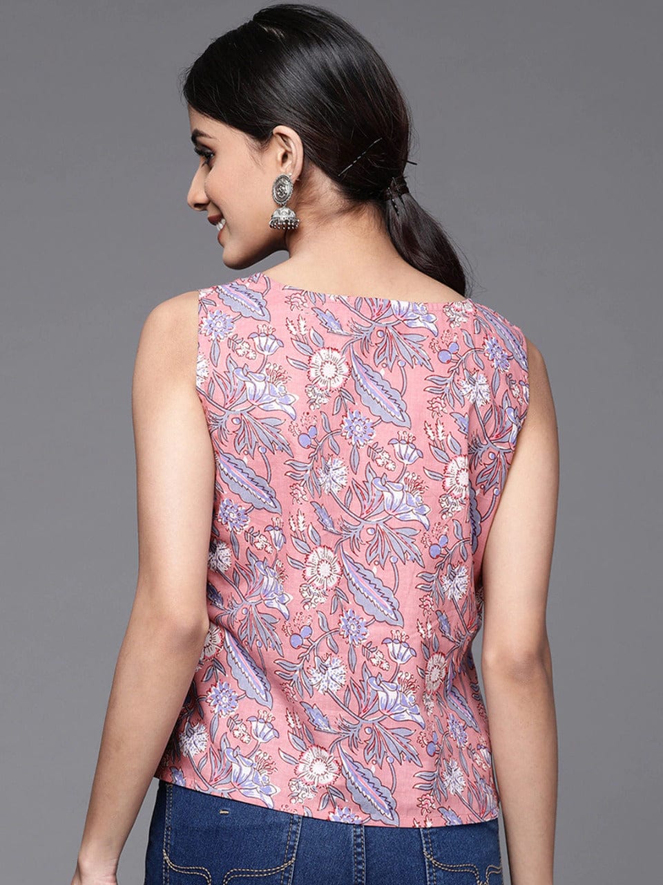 Women's Pink & Blue Floral Print Cotton Top