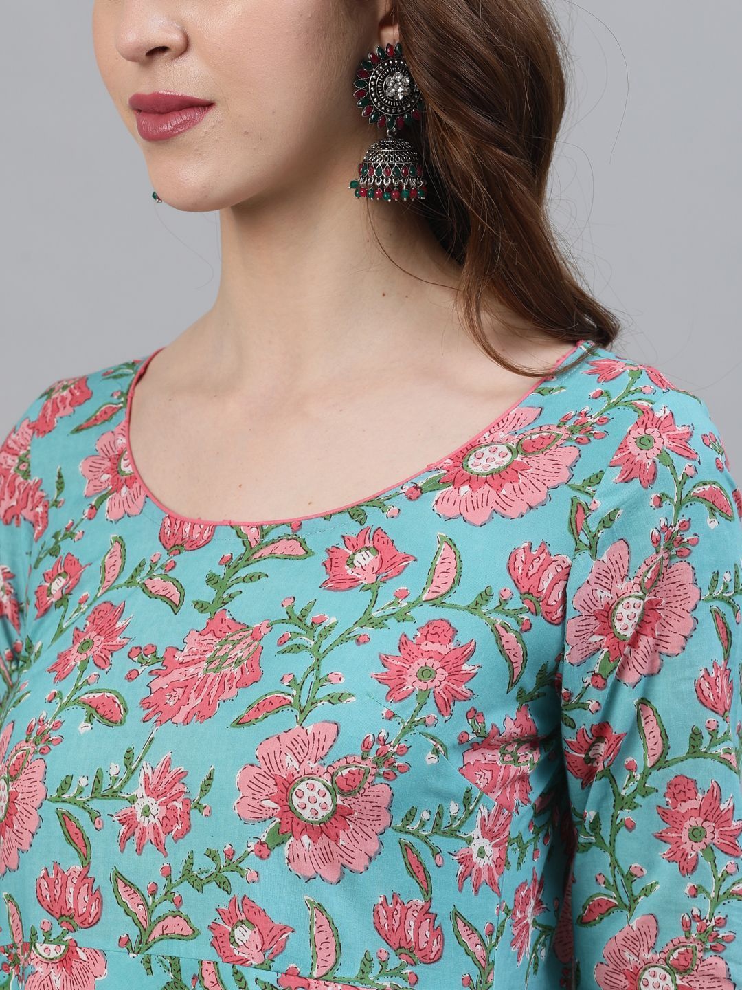 Women's Blue & White Floral Printed Layered Maxi With Lace details