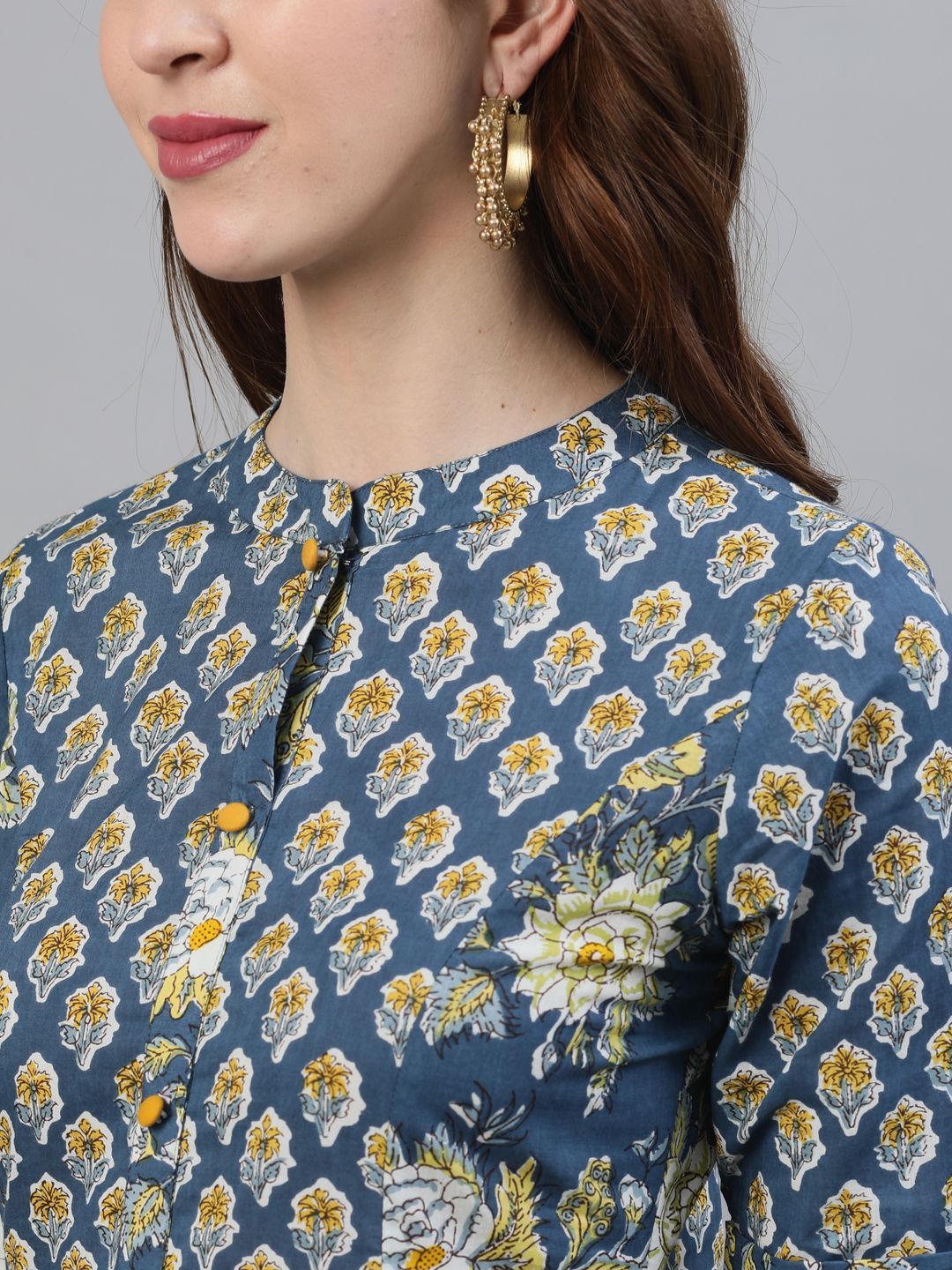 Women's Blue Floral Printed A-Line Kurta