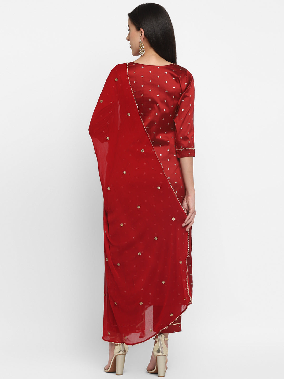 Women's Maroon Color Polyster blend Self Design Kurta Pant With Dupatta