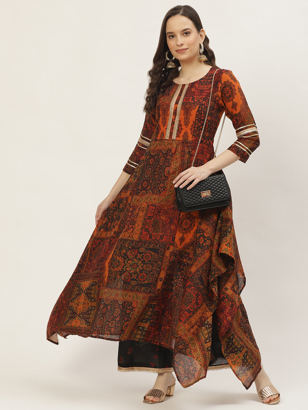 Women's Orange Color Chanderi Silk Floral A-Line Digital Printed Kurta Palazzo Set