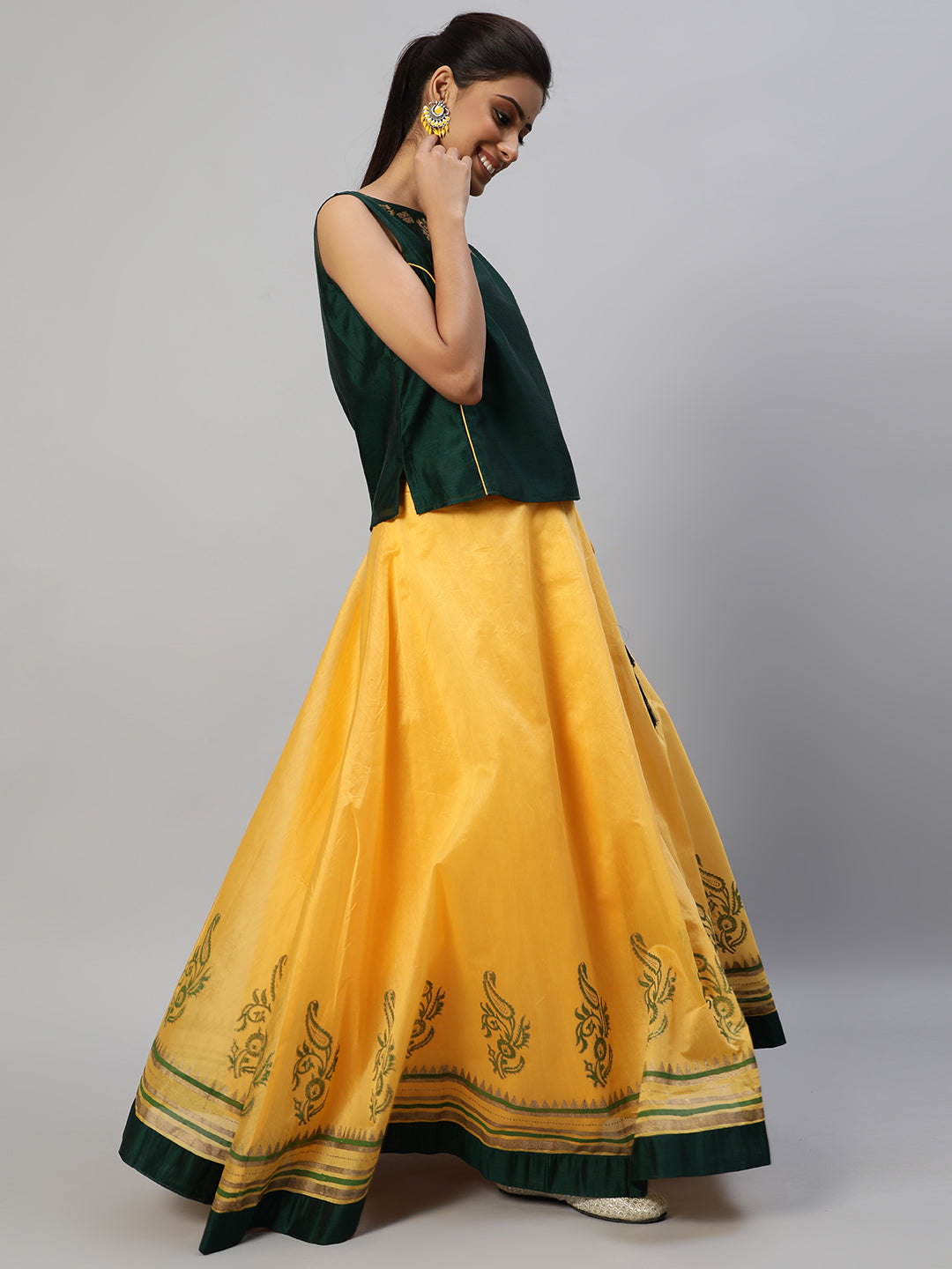 Women's Yellow Block Print Lehenga Choli